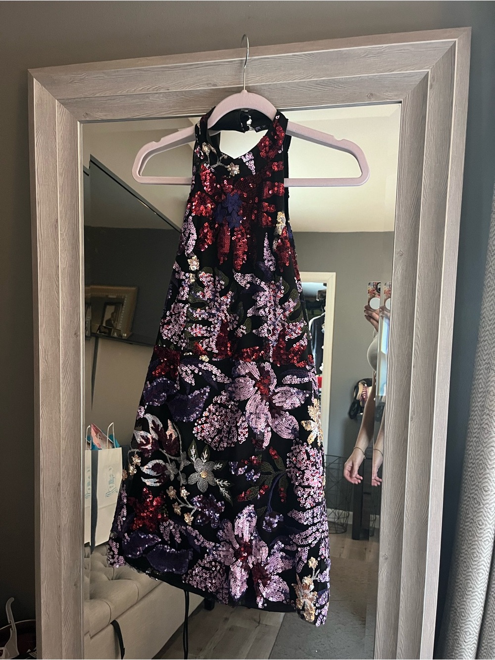 Lulus Black Floral Sequin Halter Mini Dress